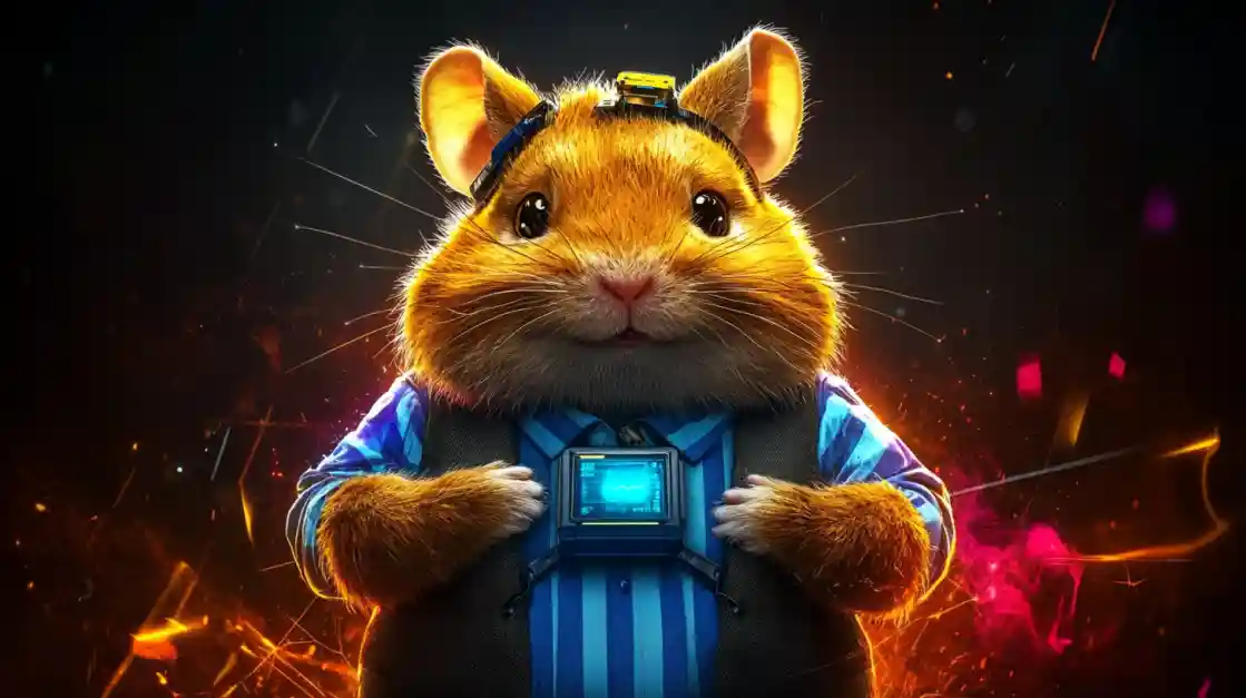 A cute and tech-savvy hamster character wearing a vest and a headset, with a friendly expression, representing the playful and innovative spirit of 77fb.