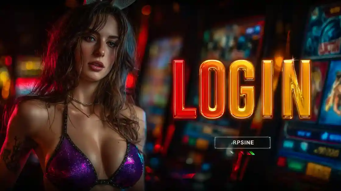 A captivating woman in a shimmering top stands beside a prominent LOGIN interface, with 77fb slot machines softly blurred in the background, inviting users to enter the world of 77fb.