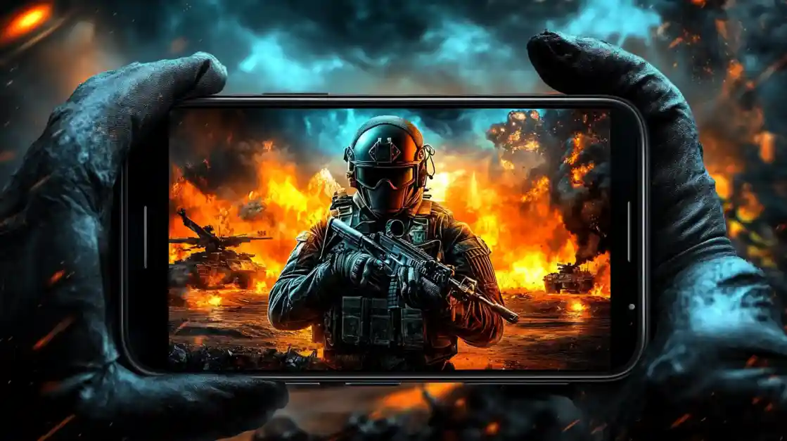 Hands holding a smartphone displaying an intense military shooter game with a soldier amidst explosions and tanks, showcasing the immersive action available on 77fb.