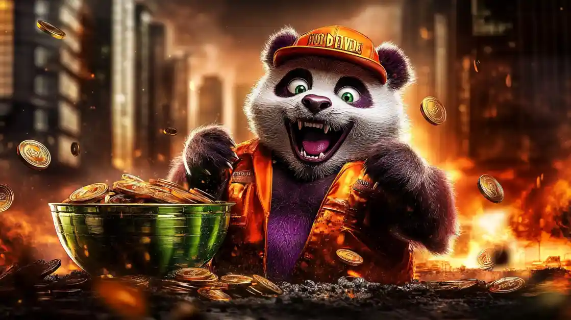A cheerful panda character wearing an orange cap and jacket, surrounded by golden coins and a bowl of money, symbolizing wealth and good fortune with 77fb.