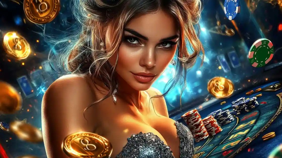 A beautiful woman in a glittering dress gives a captivating look while at a 77fb casino table, surrounded by floating gold coins, casino chips, and a roulette wheel.