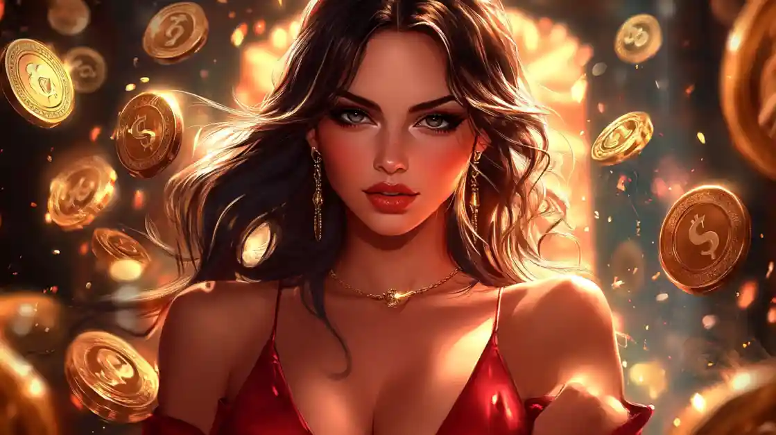 A stunning woman in a red dress, adorned with delicate jewelry, looks directly at the viewer as a shower of golden 77fb coins rains down around her, symbolizing big wins.