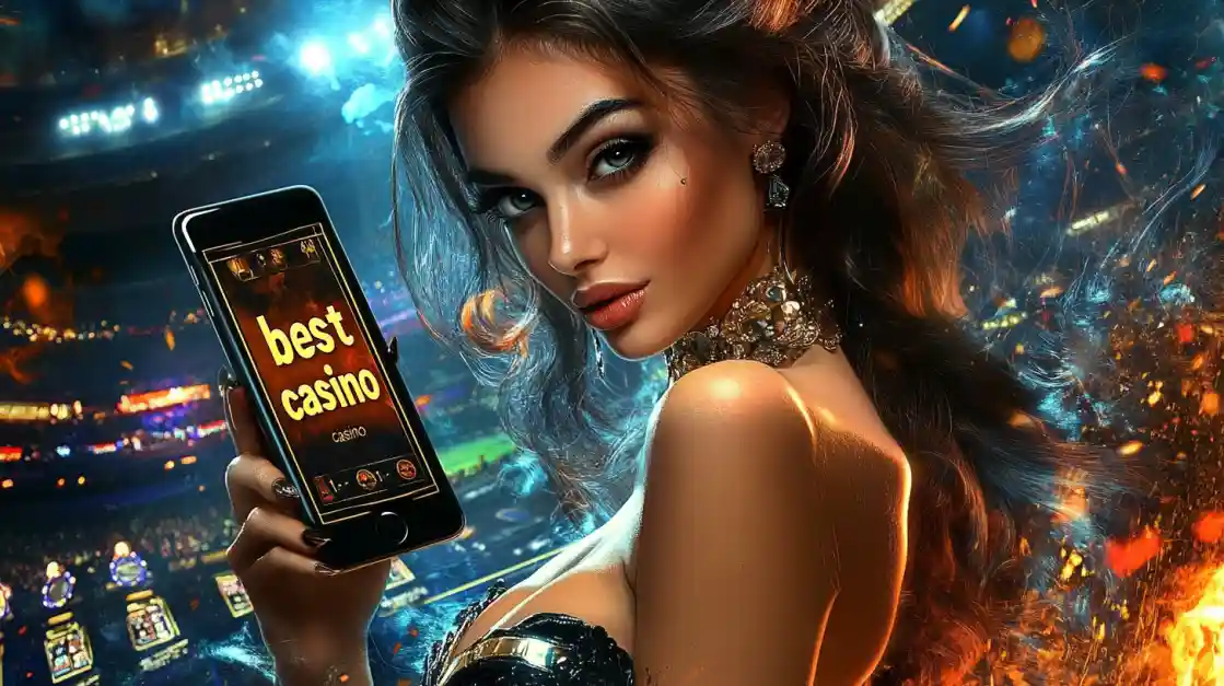 An alluring woman holds a smartphone with the best casino app from 77fb glowing on the screen, set against the backdrop of a brightly lit stadium and ambient flames.